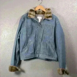 VINTAGE 90s Liz Claiborne Jean Faux Fur Cuff Collar Chore Trucker Coat Women XL